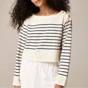 J. Crew Boatneck T-Shirt Gold Buttons Mariner Sailor Preppy Cotton Cream Navy S